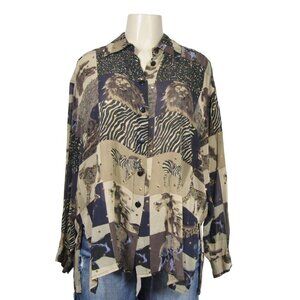 VTG SILK Safari BOHO M Africa Animal Print Button Front Novelty Top Retro Brown